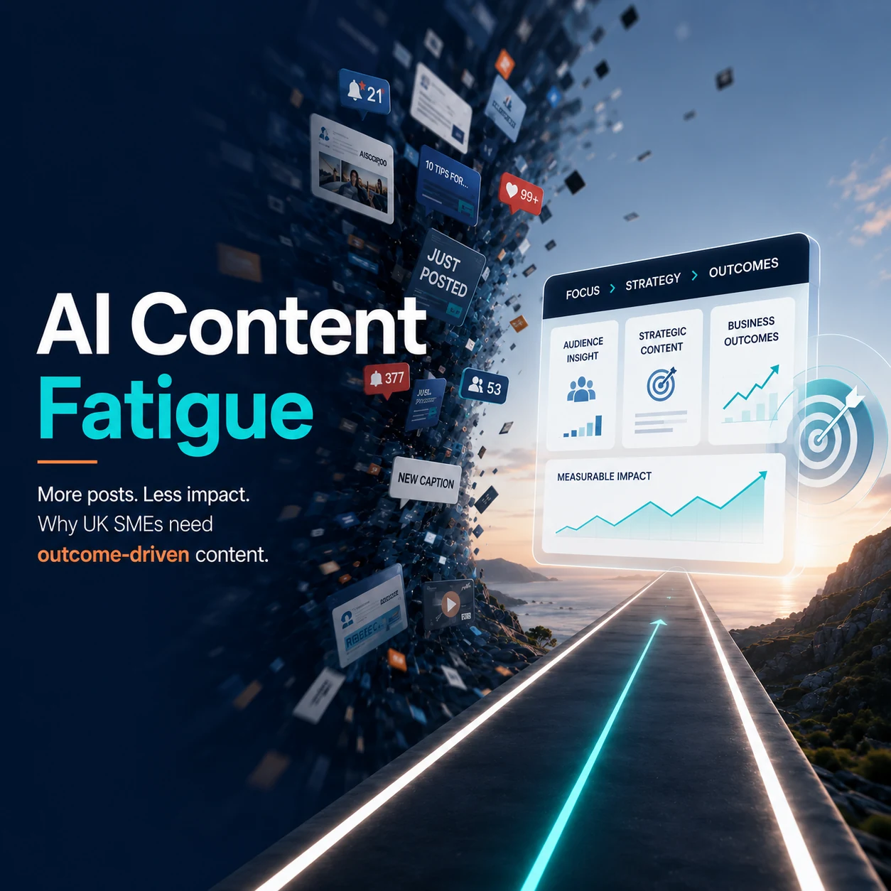 AI content fatigue showing content overload turning into outcome-driven visibility for UK SMEs