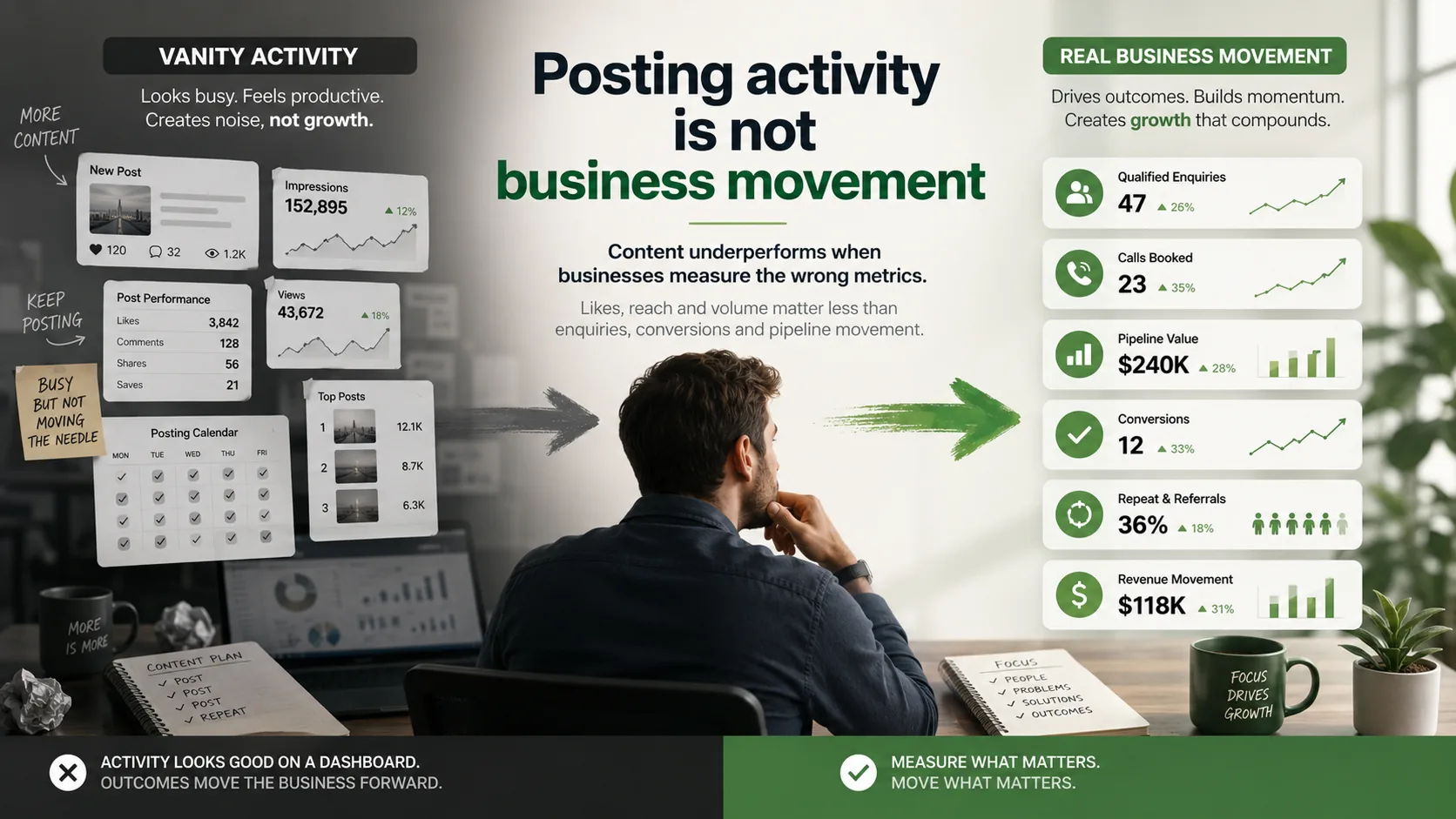 Comparison of vanity content metrics and real business movement metrics