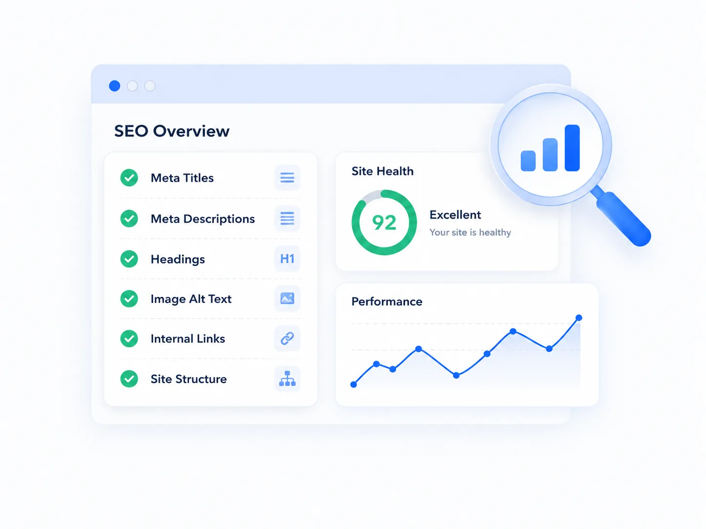 Technical SEO dashboard showing site health checks metadata and performance tracking
